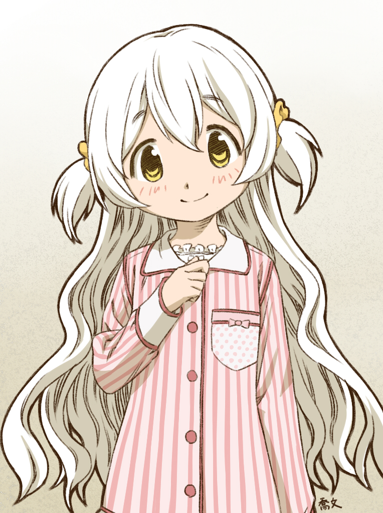 1girl, blush, buttons, head_tilt, long_hair, mahou_shoujo_madoka_magica, momoe_nagisa, oda_takayuki, pajamas, scrunchie, smile, solo, two_side_up, vertical_stripes, white_hair