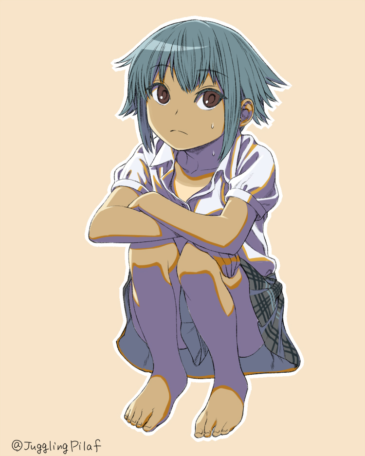 1girl, barefoot, blue_hair, brown_eyes, dark_skin, fake_sayaka, mahou_shoujo_madoka_magica, nisesayaka, oda_takayuki, short_hair, skirt, solo, squatting, sweat, tan, twitter_username
