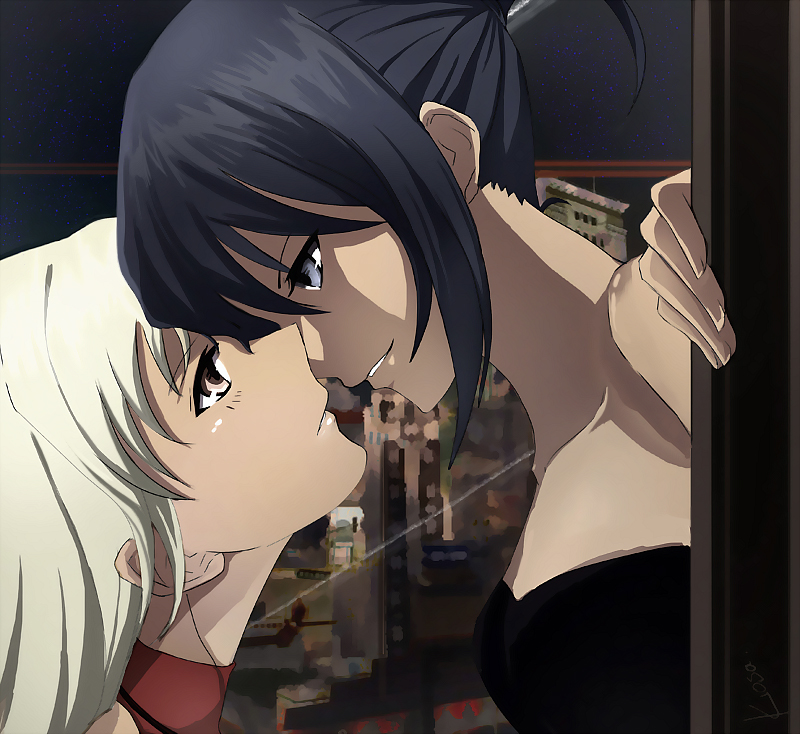 428, alphard, black_hair, blue_eyes, brown_eyes, canaan, canaan_(character), eye_contact
