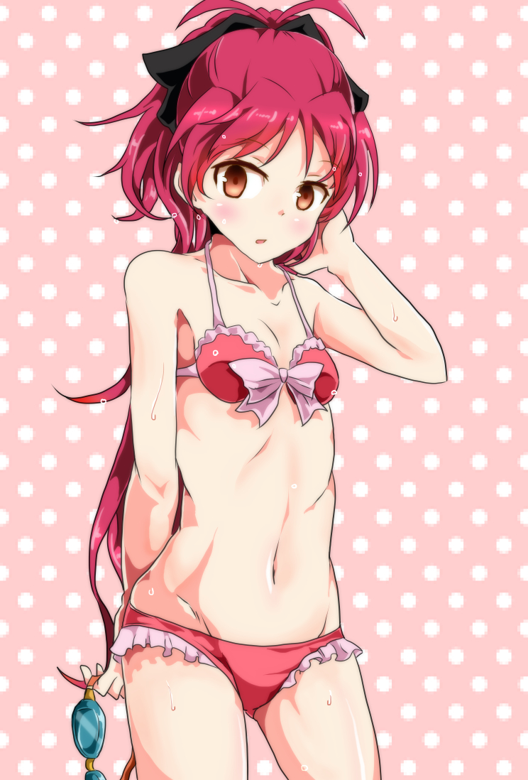 1girl, antenna_hair, arm_at_side, bangs, bikini, black_ribbon, blush, bow_bikini