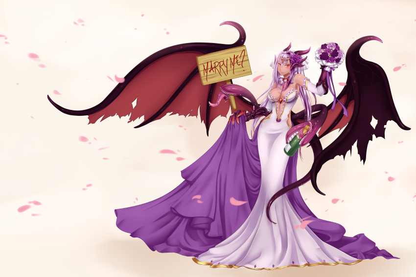 1girl, absurdres, alcohol, alternate_costume, bottle, bouquet, breasts, center_opening, champagne, claws, dark_skin, demon_wings, detached_collar, dragon_girl, dress, flower, hair_flower, hair_ornament, highres, horns, jabberwock_(monster_girl_encyclopedia), long_dress, long_hair, long_tongue, looking_at_viewer, mogucho, monster_girl_encyclopedia, mouth_hold, multicolored_hair, navel, paws, petals, purple_hair, red_eyes, signpost, silver_hair, skirt_hold, smile, solo, source_request, tail, teeth, tentacles, tongue, tongue_out, two-tone_hair, very_long_hair, wedding_dress, white_dress, wings