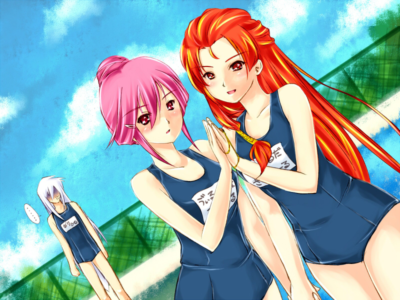 crossdressing, crossdressinging, dutch_angle, long_hair, mathilde_saint-omer, merihim, one-piece_swimsuit, piku
