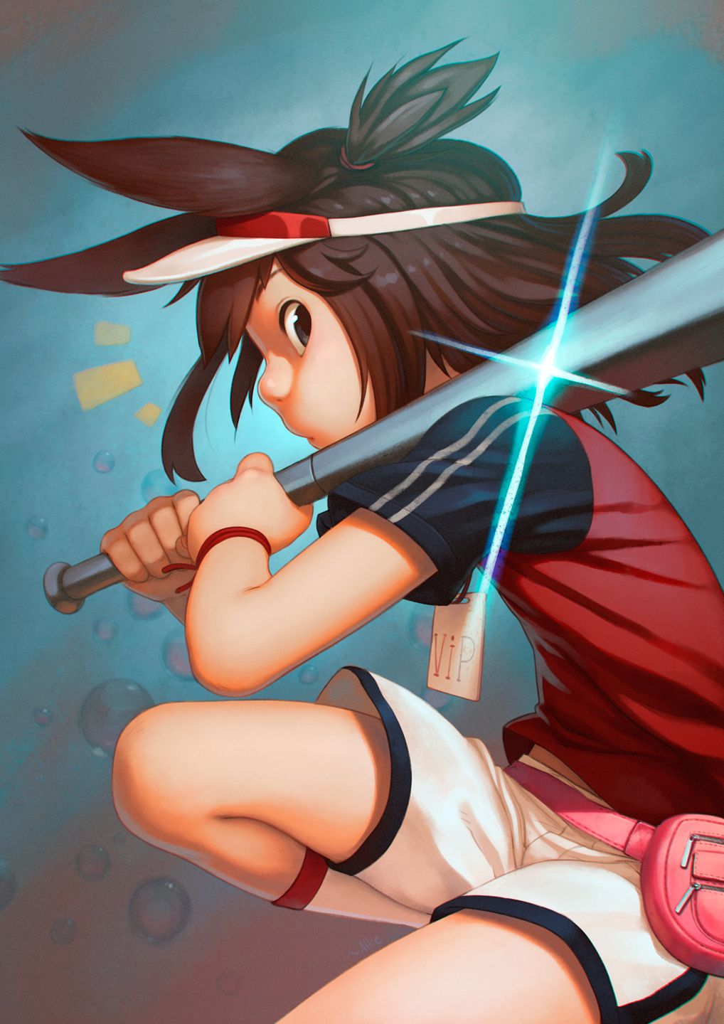1girl, alke, animal_ears, baseball_bat, black_eyes, brown_hair, highres, original