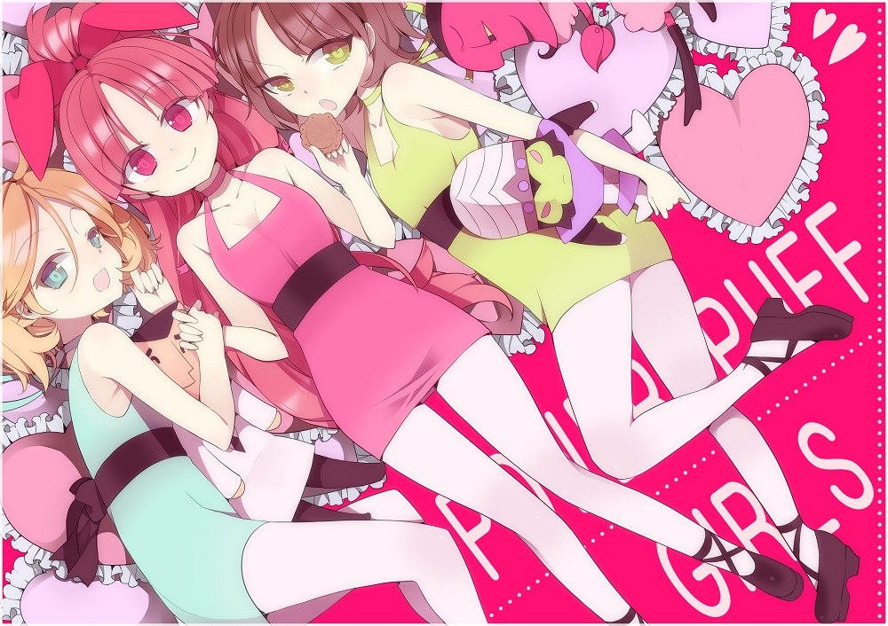 3girls, :o, bangs, bed, black_hair, blonde_hair, blossom_(ppg), blue_dress