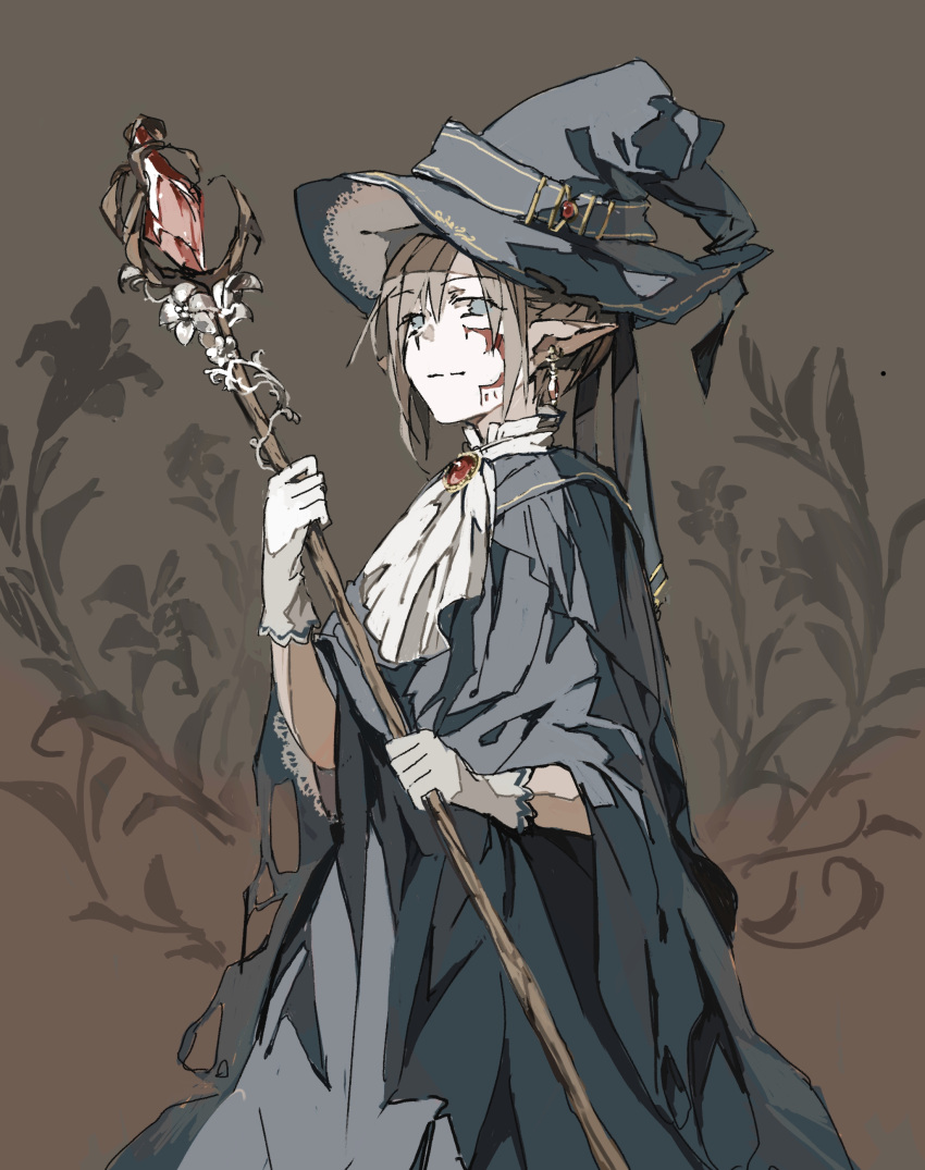 (sigmasmail), absurdres, blue_eyes, brown_hair, cape, crystal, earrings, elf
