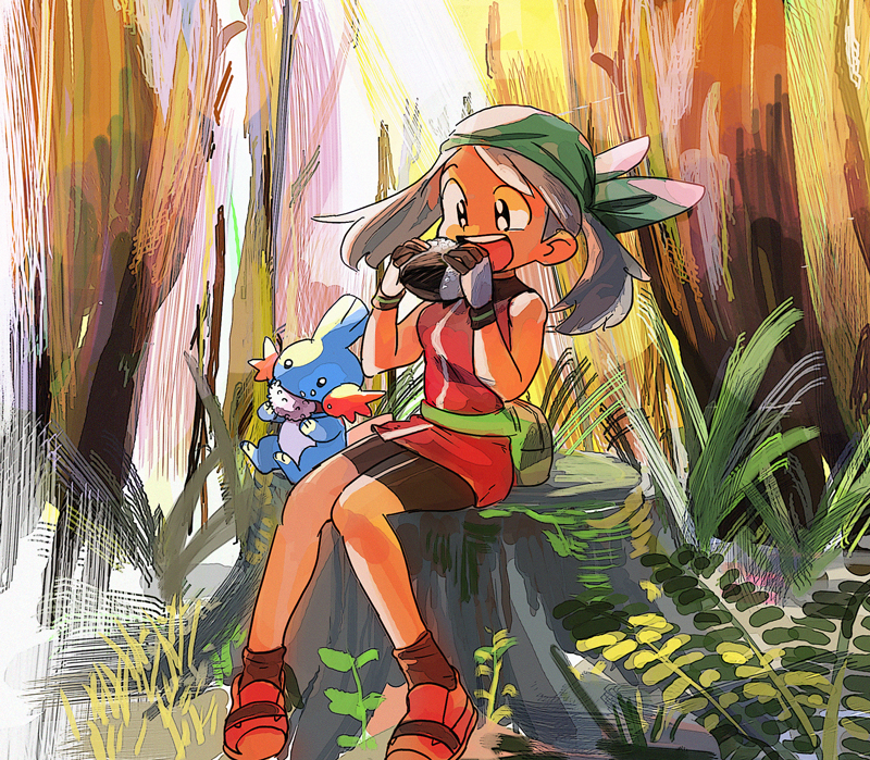 1girl, bandana, bike_shorts, blue_eyes, brown_hair, dress, eating, fanny_pack