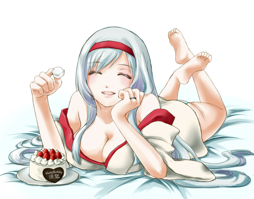 1girl, bare_shoulders, barefoot, blue_panties, breast_press, breasts, cake, cleavage