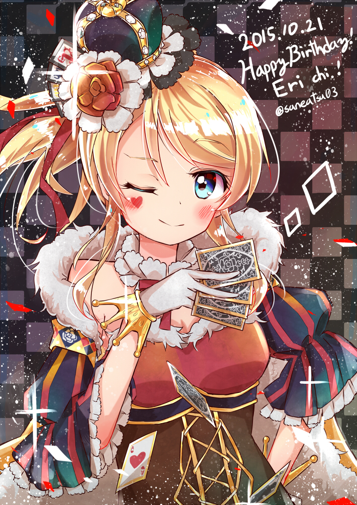 1girl, ayase_eli, blonde_hair, blue_eyes, card, crown, long_hair, love_live!_school_idol_project
