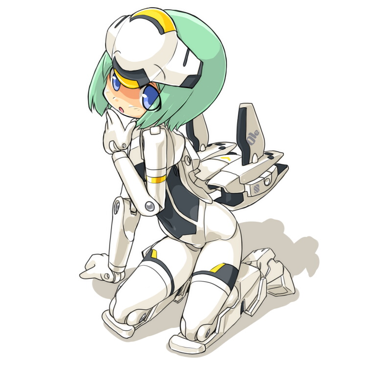 busou_shinki, dd_(artist), doll_joints, green_hair, kneeling, mecha_musume, short_hair, solo