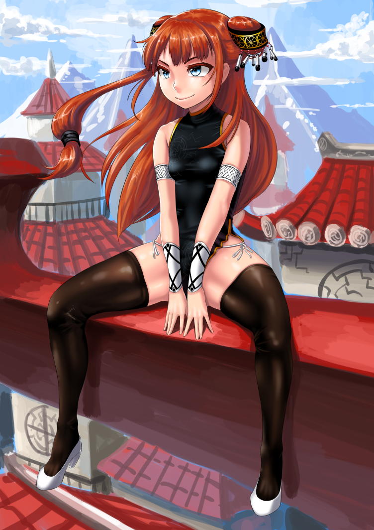 1girl, architecture, armband, blue_eyes, bracer, brown_hair, china_dress, chinese_architecture