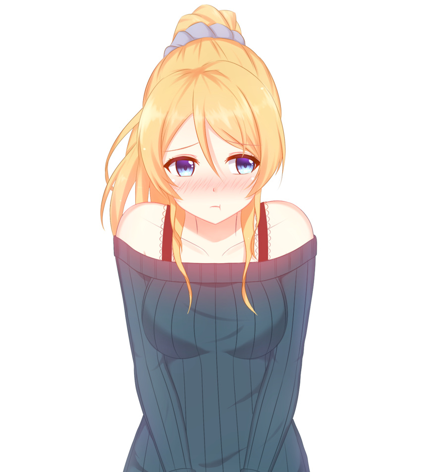 1girl, ayase_eli, bare_shoulders, blonde_hair, blue_eyes, blush, breasts, highres
