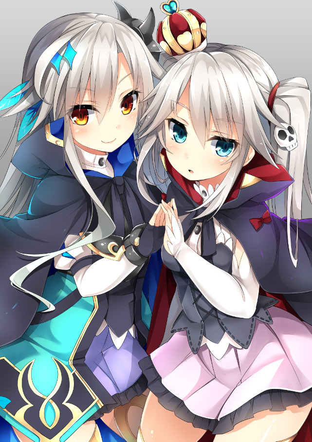 >:), 2girls, blue_eyes, blush, cape, cowboy_shot, crown, fingerless_gloves