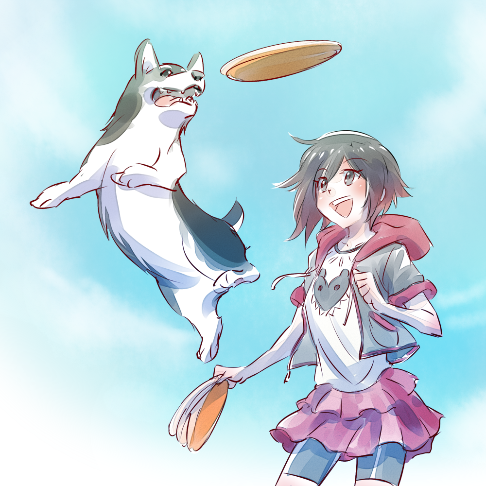 1girl, bike_shorts, dog, frisbee, hat, holding, holding_hat, hoodie