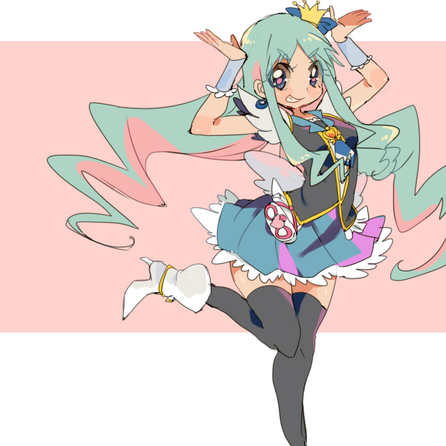 1girl, aano_(10bit), aqua_hair, black_legwear, blue_eyes, crown, cure_marine, cure_princess, cure_princess_(cosplay), female, grin, happinesscharge_precure!, heartcatch_precure!, high_heels, kurumi_erika, long_hair, looking_at_viewer, precure, smile, solo, thigh-highs