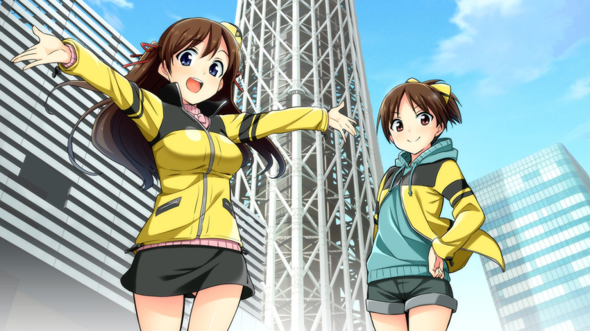 2girls, :>, :d, blue_eyes, bow, breasts, brown_hair, building