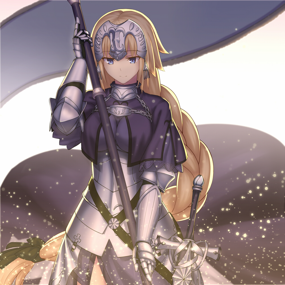 1girl, armor, armored_dress, blonde_hair, blue_eyes, braid, breasts, capelet