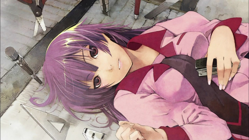 boxcutter, cap, hands, long_hair, lying, mechanical_pencil, monogatari_(series), necktie