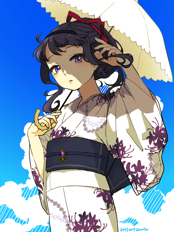 1girl, akemi_homura, alternate_costume, alternate_hairstyle, black_hair, dated, desutoro, flower, hairband, japanese_clothes, kimono, long_hair, mahou_shoujo_madoka_magica, parasol, ribbon, solo, spider_lily, tied_hair, umbrella, violet_eyes