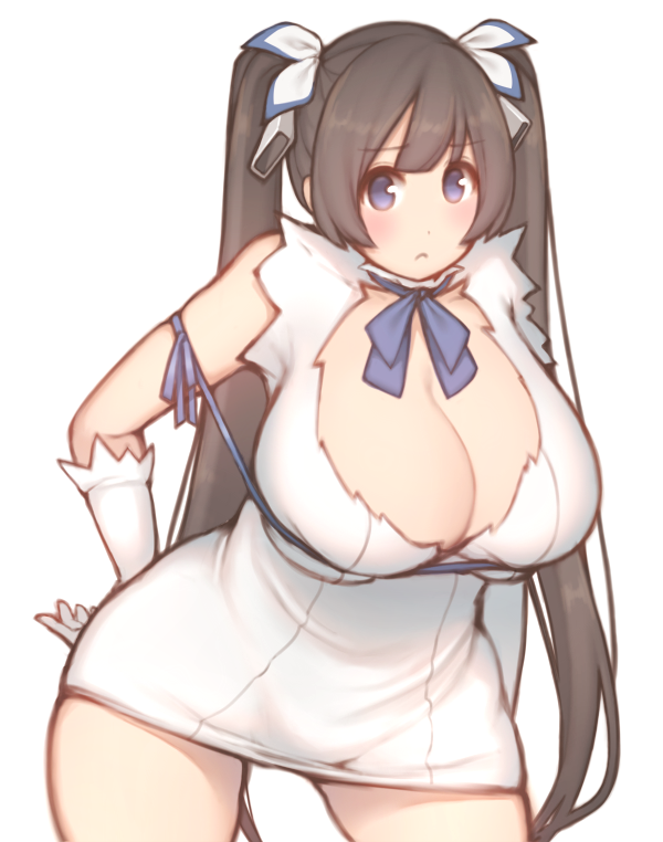 :<, breasts, cleavage, dungeon_ni_deai_wo_motomeru_no_wa_machigatteiru_darou_ka, hestia_(danmachi), large_breasts, mogu_(kanikama_mgmg), plump
