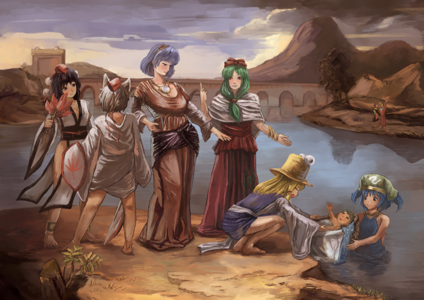 6+girls, adapted_costume, aki_minoriko, aki_shizuha, alternate_costume, amibazh, amulet, animal_ears