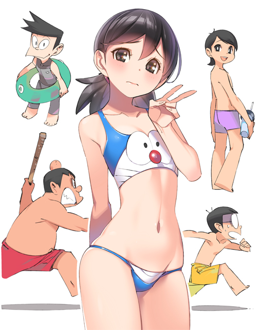 1girl, doraemon, doraemon_(character), gouda_takeshi, honekawa_suneo, minamoto_shizuka, multiple_boys, nobi_nobita