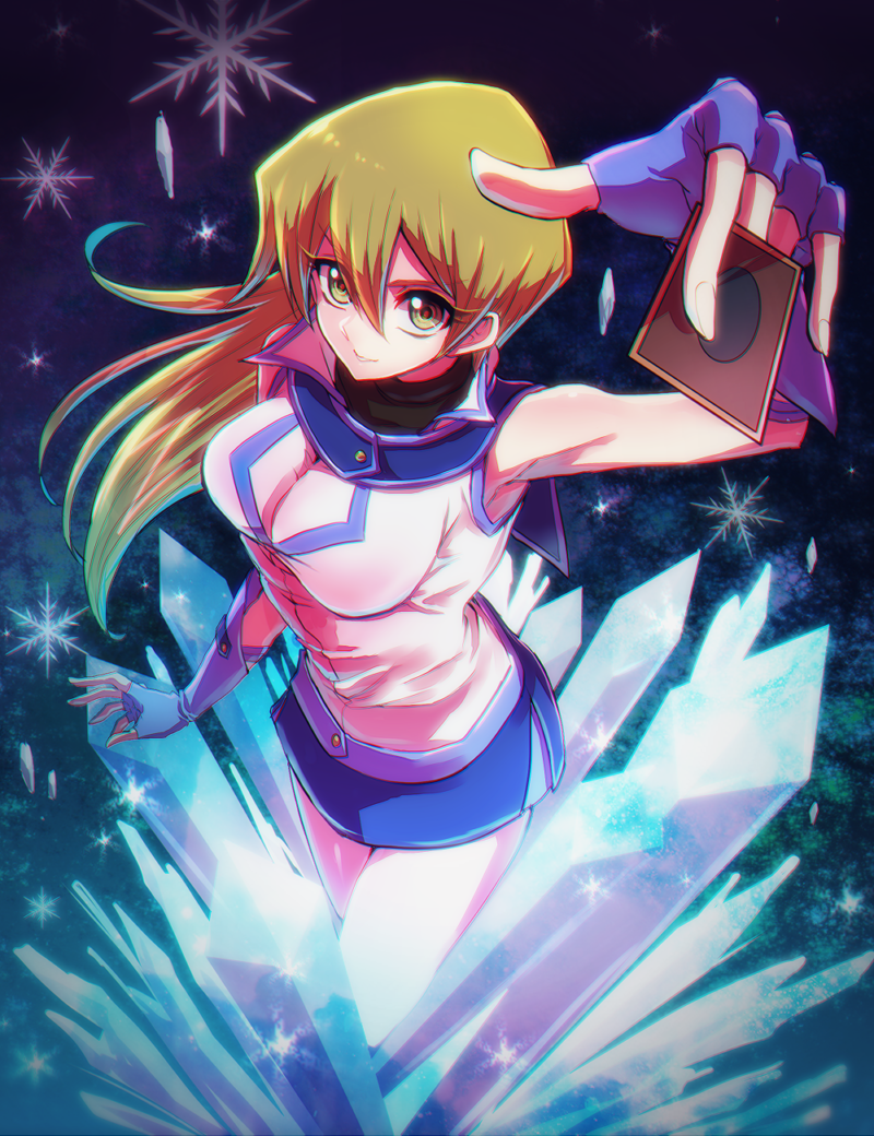 1girl, armpits, blonde_hair, breasts, card, fingerless_gloves, gloves, ice