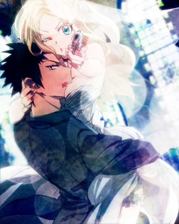 1boy, 1girl, ansatsu_kyoushitsu, aqua_eyes, bare_shoulders, black_hair, blonde_hair, breasts