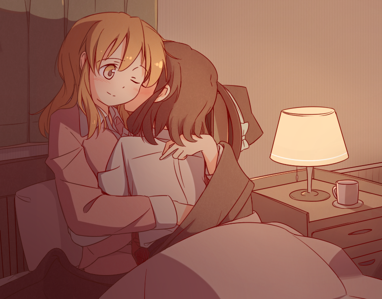 2girls, bed, blonde_hair, bow, brown_hair, dress, hair_bow, hug