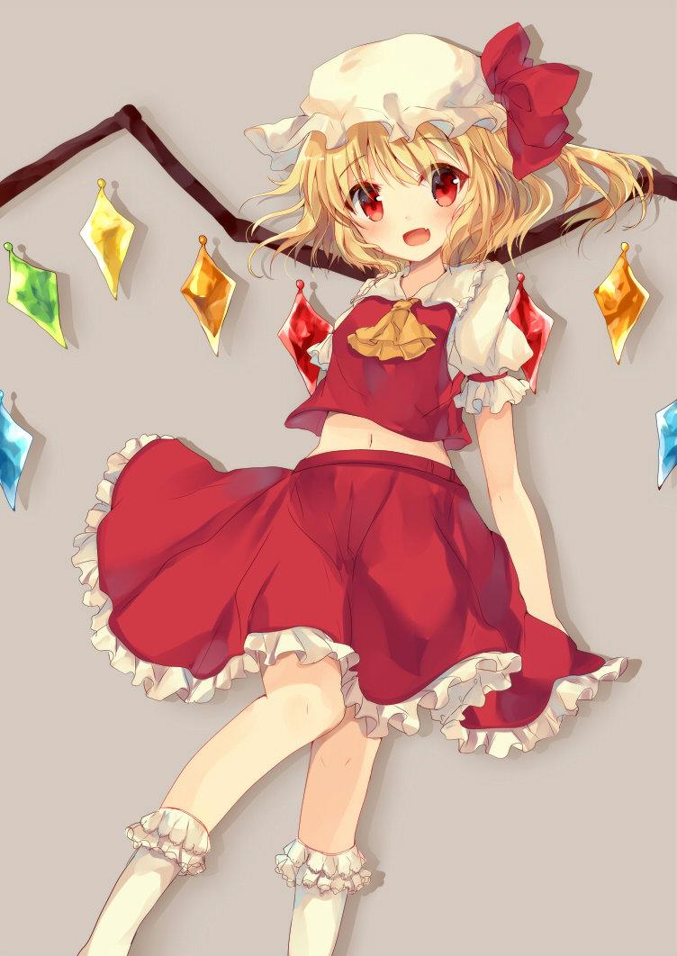 1girl, blonde_hair, bow, flandre_scarlet, hat, kurumi_(69a4y), open_mouth, red_eyes