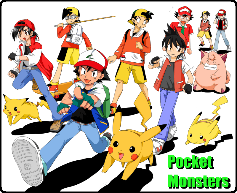 6+boys, akai_isamu_(pokemon), backpack, bag, baseball_cap, black_border, border, clefairy