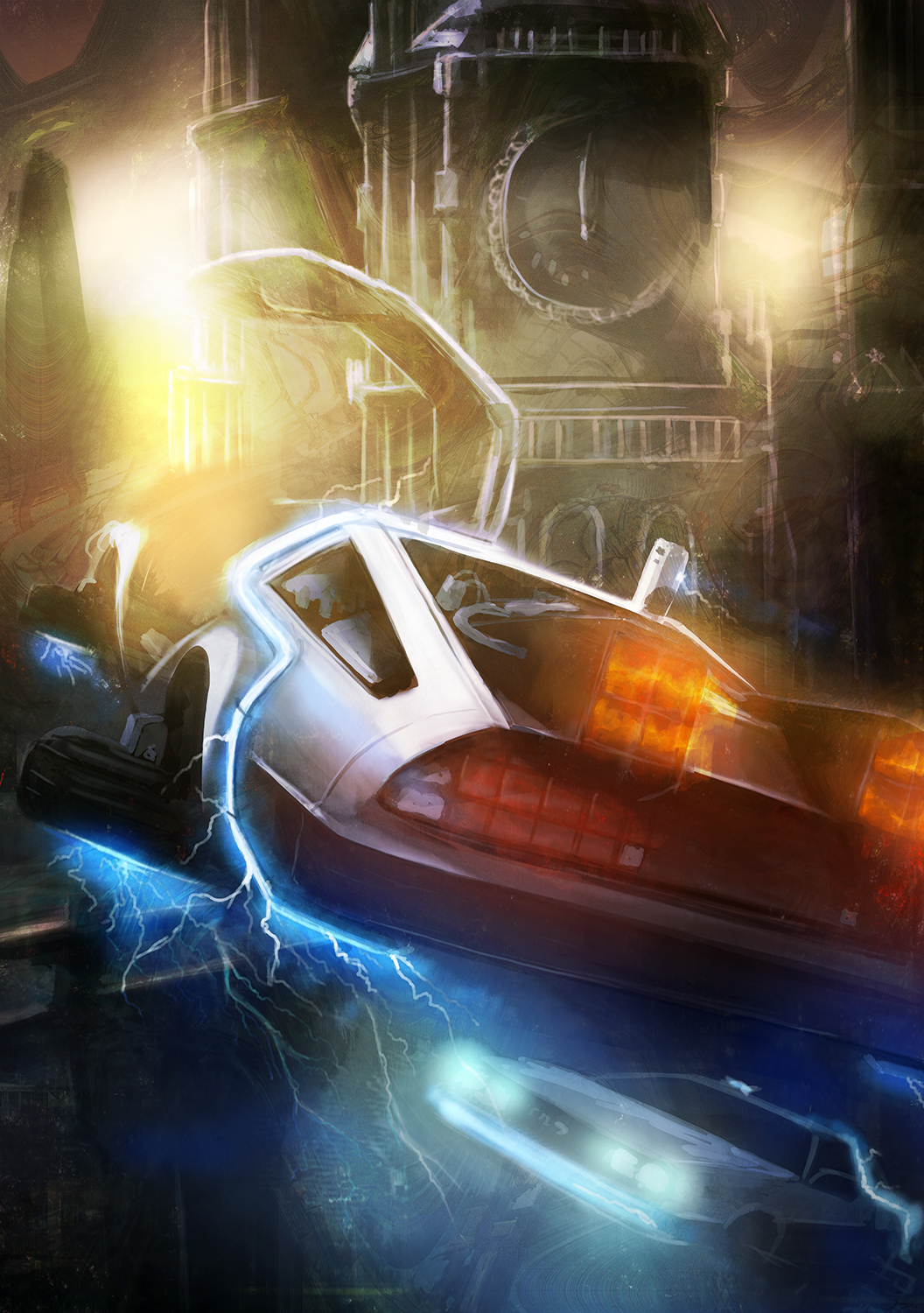 back_to_the_future, car, clock, clock_tower, delorean, flying, highres, kihuzinz