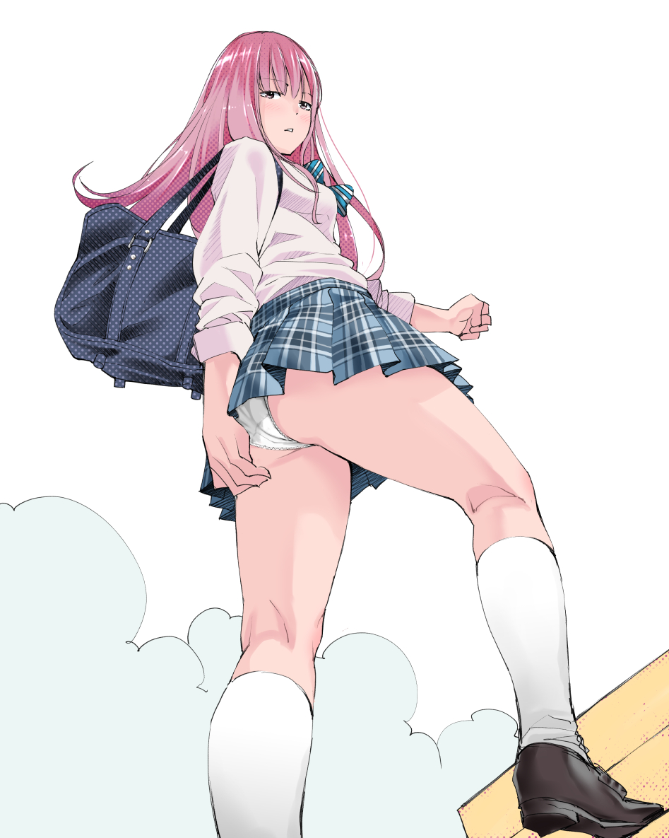 blush, huridog, long_hair, original, panties, pink_hair, school_uniform, serafuku, shoes, skirt, skirt_hold, stairs, underwear, uniform, white_legwear, white_panties