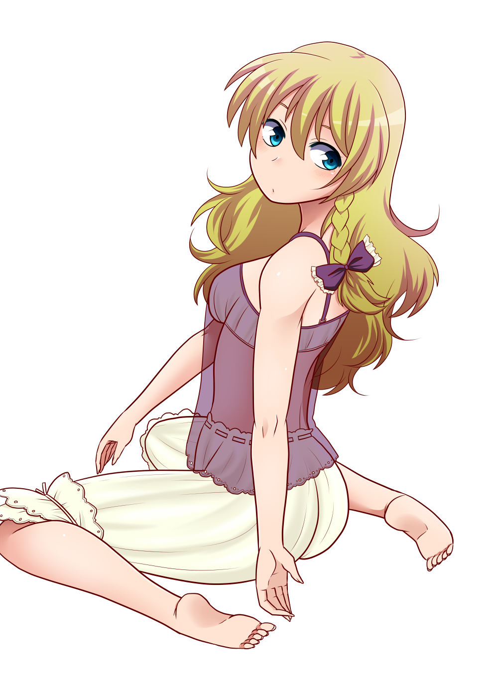 1girl, amazon_(taitaitaira), ass, bare_shoulders, barefoot, blonde_hair, bloomers, blue_eyes