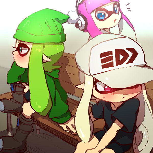 /\/\/\, 2girls, 3girls, beanie, bike_shorts, blue_eyes, blush, boots