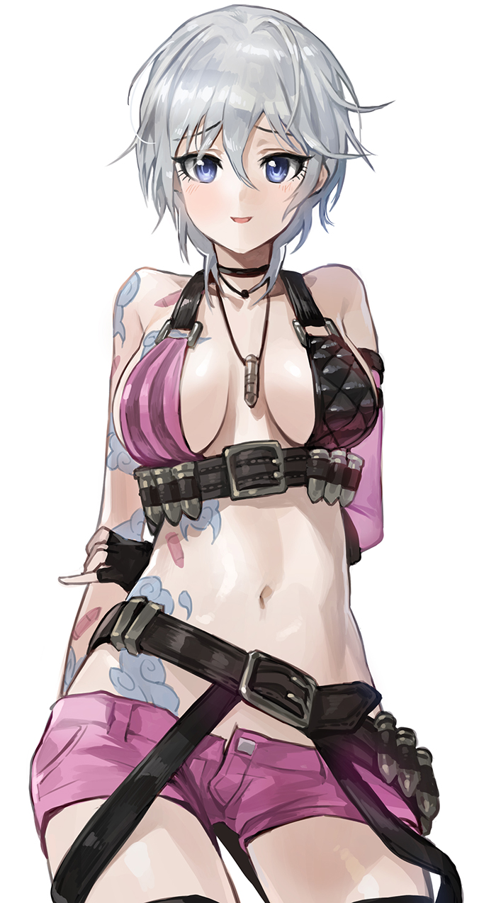 1girl, anastasia_(idolmaster), arms_behind_back, bare_shoulders, black_gloves, blue_eyes, breasts, breasts_apart