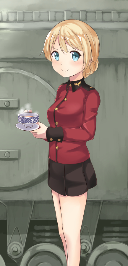 1girl, blonde_hair, blush, churchill_(tank), cup, darjeeling, girls_und_panzer, green_eyes