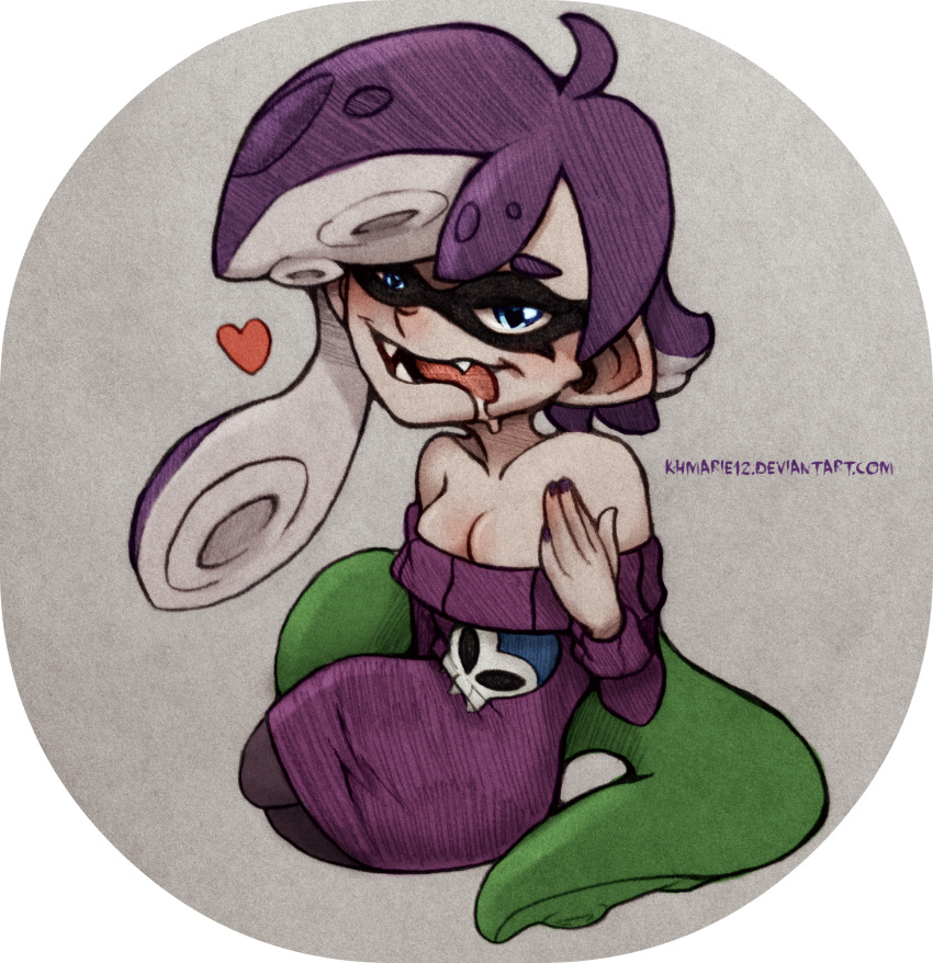 1girl, asymmetrical_hair, bare_shoulders, black_legwear, blue_eyes, breasts, cleavage, domino_mask, dress, fangs, heart, heart-shaped_pupils, highres, inkling, khmarie12, long_hair, mask, nail_polish, original, pantyhose, purple_hair, purple_nails, solo, splatoon, sweater, sweater_dress, symbol-shaped_pupils, tentacle_hair, tongue, tongue_out, zone-tan, zone-tan_(cosplay)