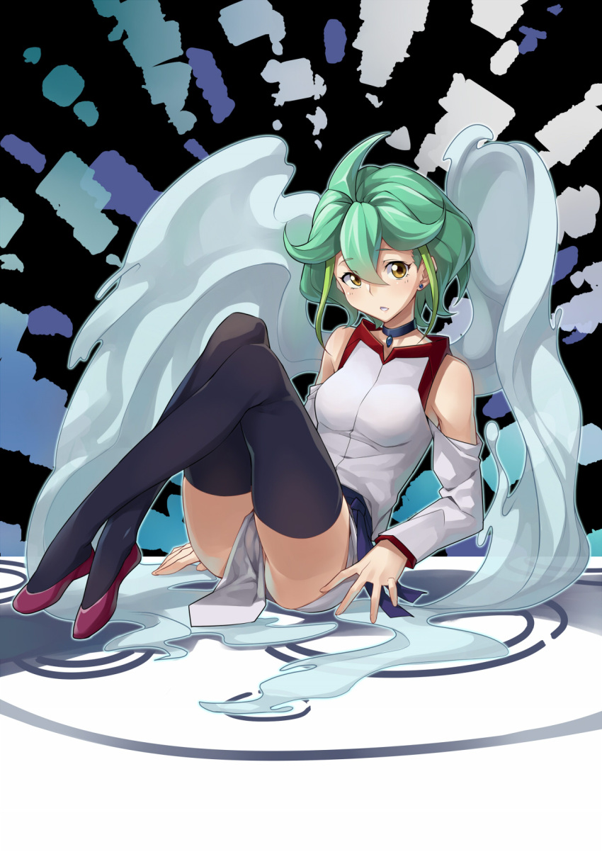 1girl, choker, crossed_legs, detached_sleeves, earrings, effect_veiler, frostcyco, green_hair