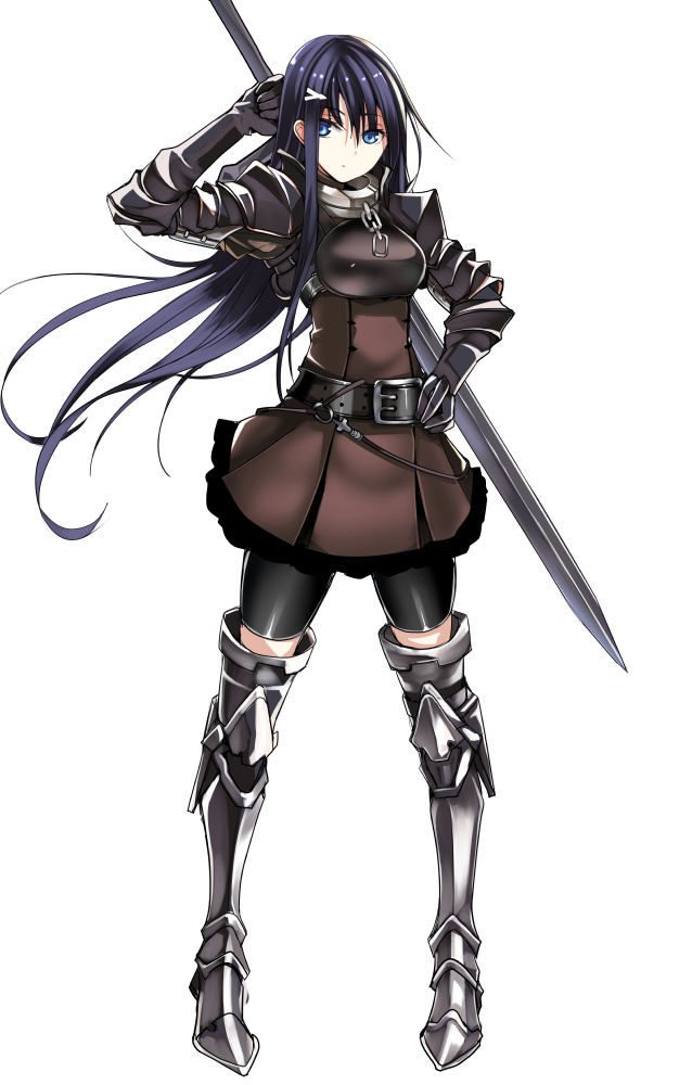 1girl, black_gloves, black_hair, blue_eyes, boots, breastplate, commentary_request, gloves