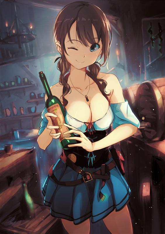 1girl, ;), belt, blue_skirt, box, breasts, brown_hair, candle