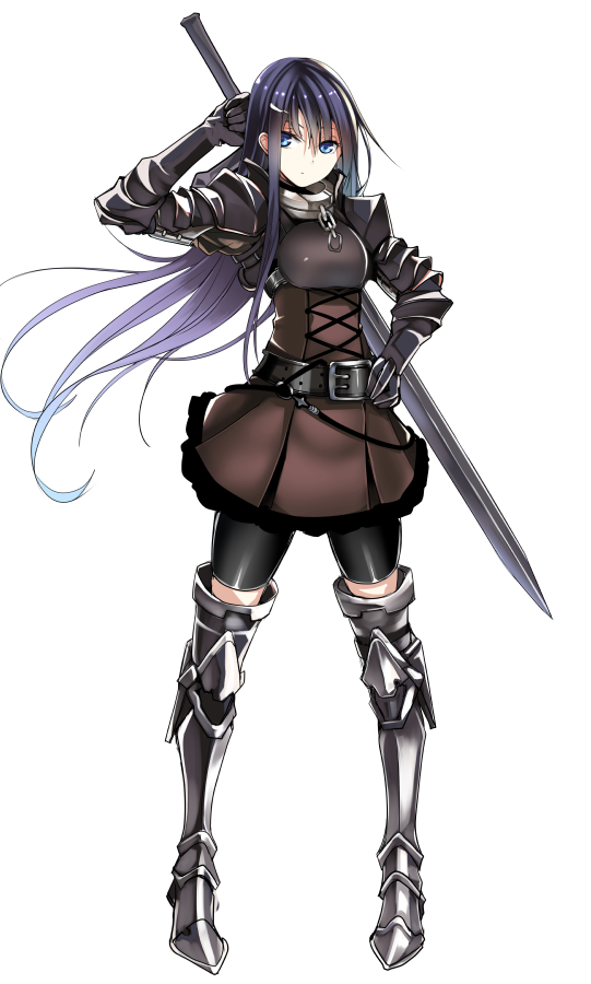 1girl, black_gloves, black_hair, blue_eyes, boots, breastplate, commentary_request, gloves, greaves, hand_on_hip, mugenshiki, original, shorts_under_skirt, solo, sword, thigh-highs, thigh_boots, weapon, white_background