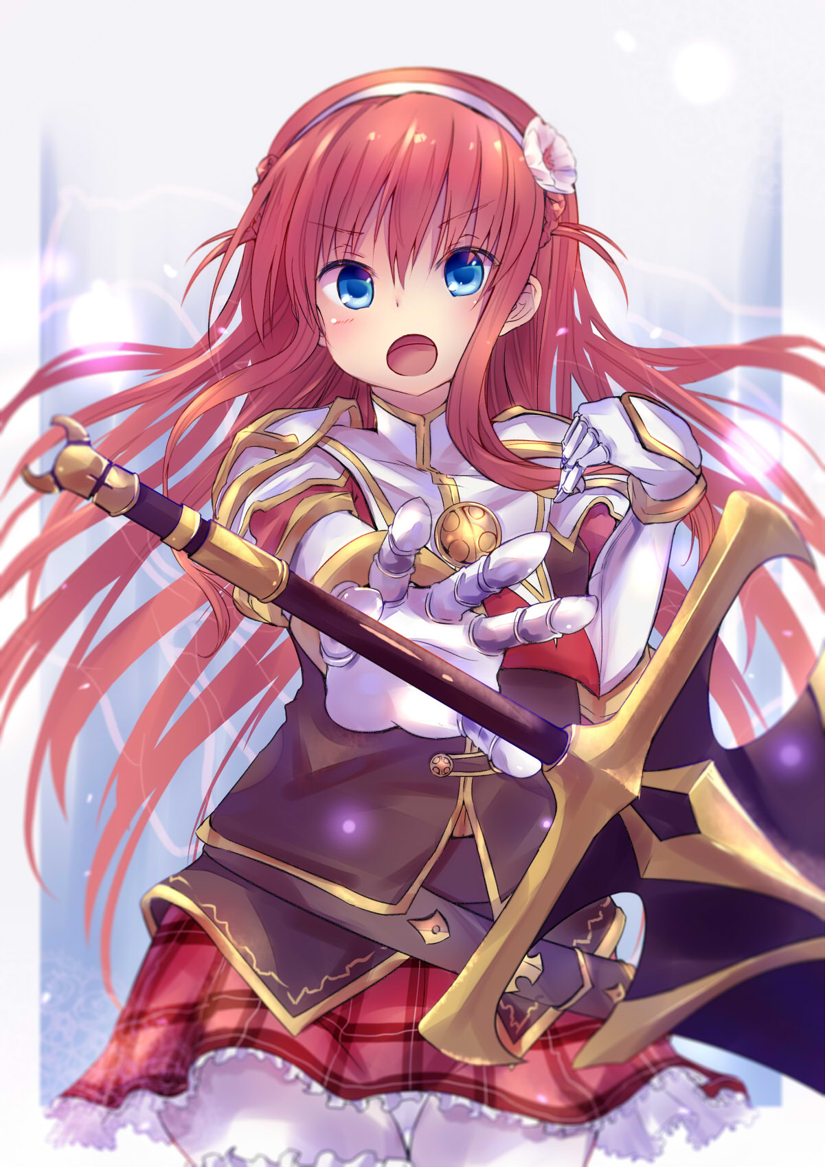 1girl, alisia_heart, belt, blue_eyes, blush, dungeon_travelers_2, front-tie_top, gauntlets