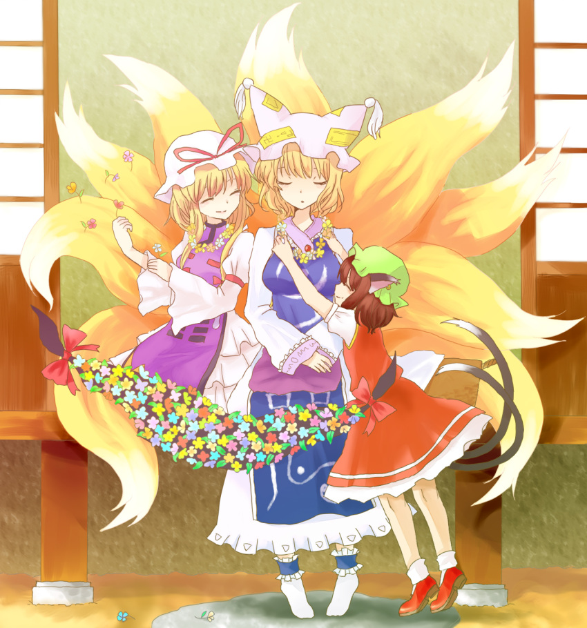 blonde_hair, brown_hair, cat_ears, cat_tail, chen, closed_eyes, earrings, flower