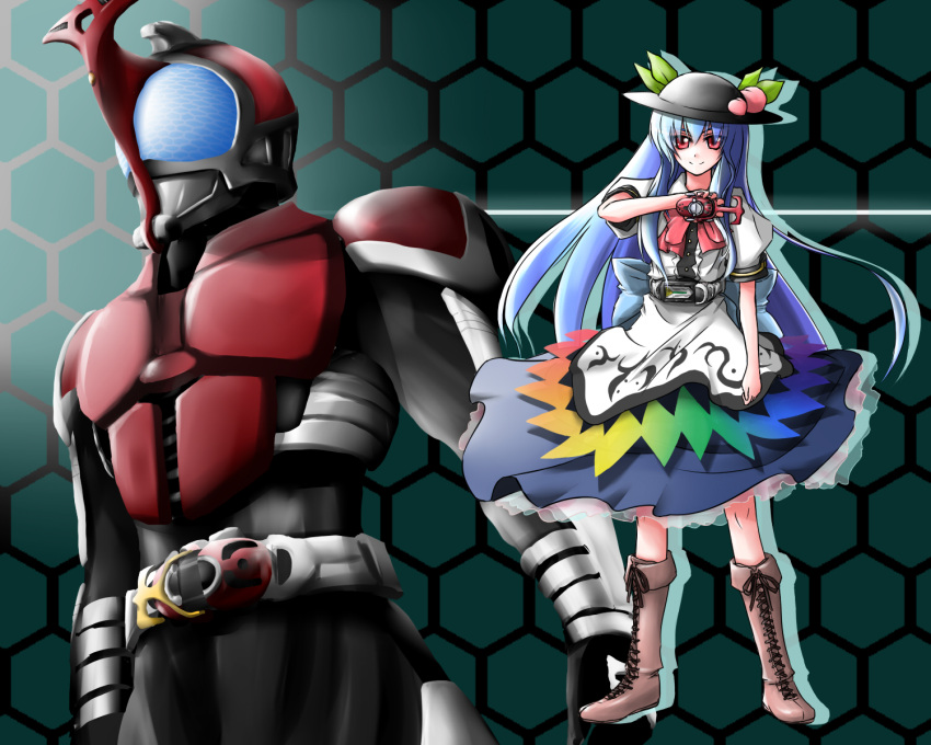 1boy, 1girl, blue_hair, boots, brown_boots, crossover, female, hat