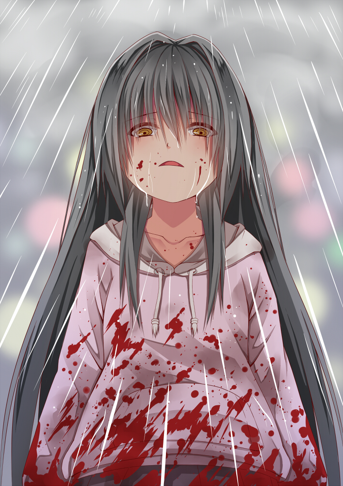 1girl, black_hair, blood, blood_on_face, bloody_clothes, child, creek_(moon-sky), empty_eyes