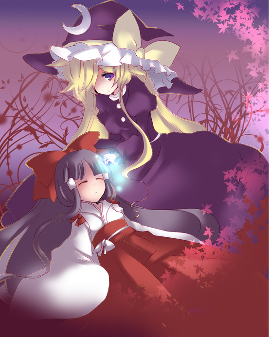 black_hair, blonde_hair, bow, closed_eyes, hair_bow, hair_over_one_eye, hakurei_reimu, hakurei_reimu_(pc-98)