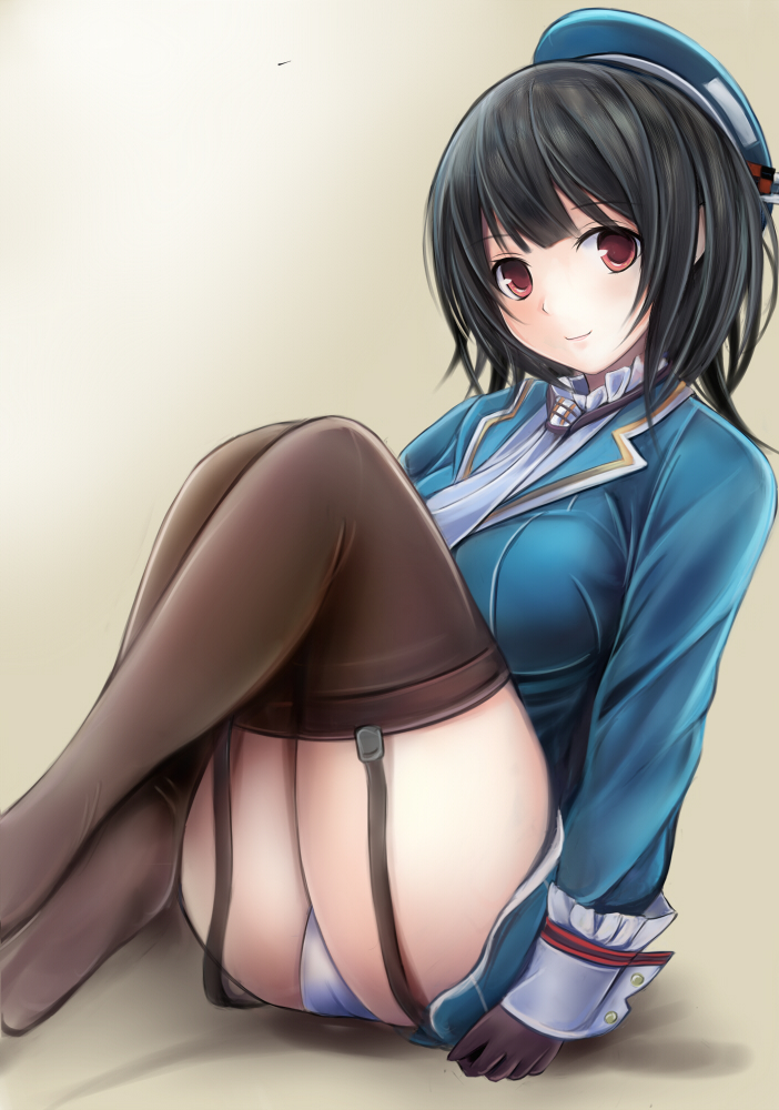 1girl, black_hair, black_legwear, brown_eyes, garter_straps, gloves, hat, kantai_collection