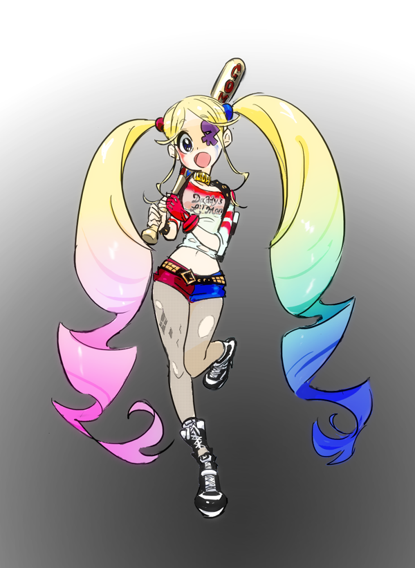 1girl, baseball_bat, belt, blonde_hair, blue_hair, boots, cosplay, dc_comics