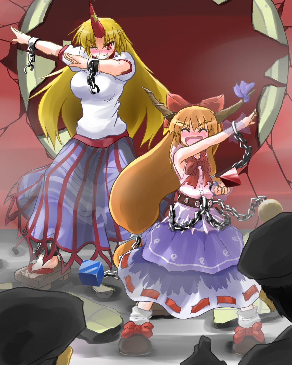 chains, highres, horn, horns, hoshiguma_yuugi, ibuki_suika, kamen_rider, kazami_shiro_(artist), long_hair, long_skirt, oni, parody, pose, skirt, touhou
