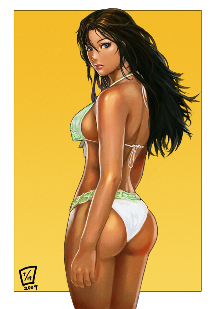 bare_shoulders, bikini, blue_eyes, breasts, brown_hair, dark_skin, lips, long_hair